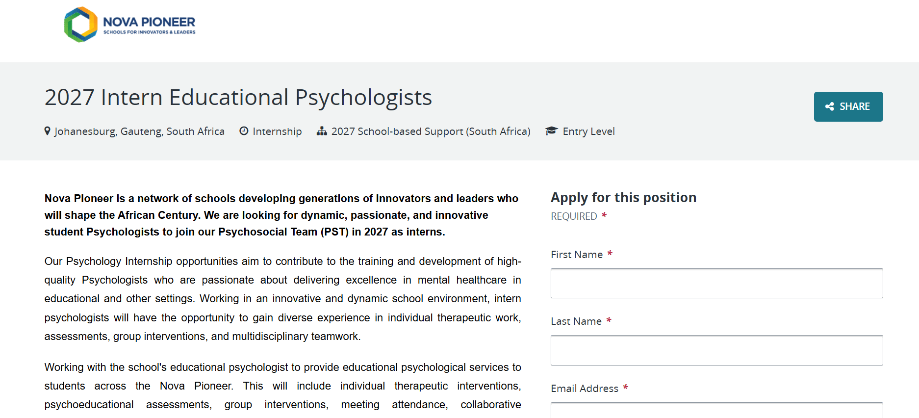 Nova Pioneer South Africa 2027 Intern Educational Psychologists