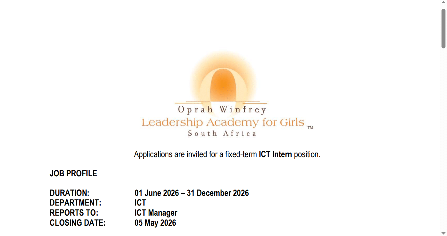 Fixed-term ICT Intern Position at The Oprah Winfrey Leadership Academy for Girls (The Academy) South Africa