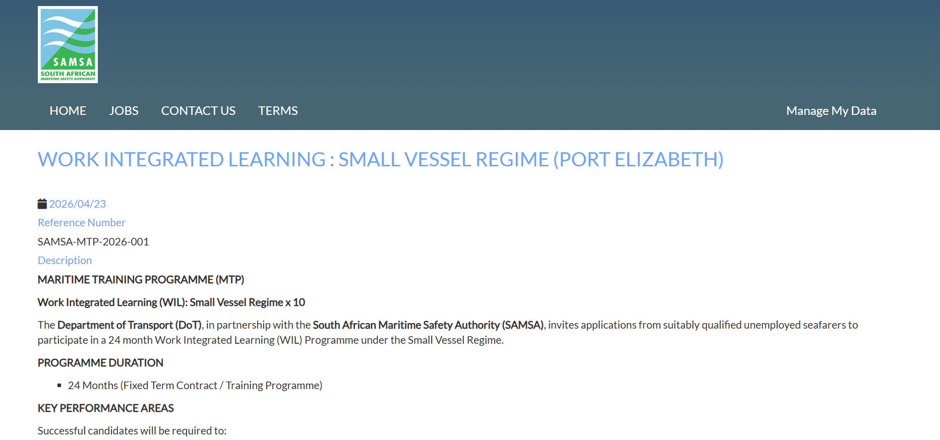 Ten (10) South African Maritime Safety Authority (SAMSA) 24 Month Work Integrated Learning (WIL) Programme Under the Small Vessel Regime - R10 000 Stipend