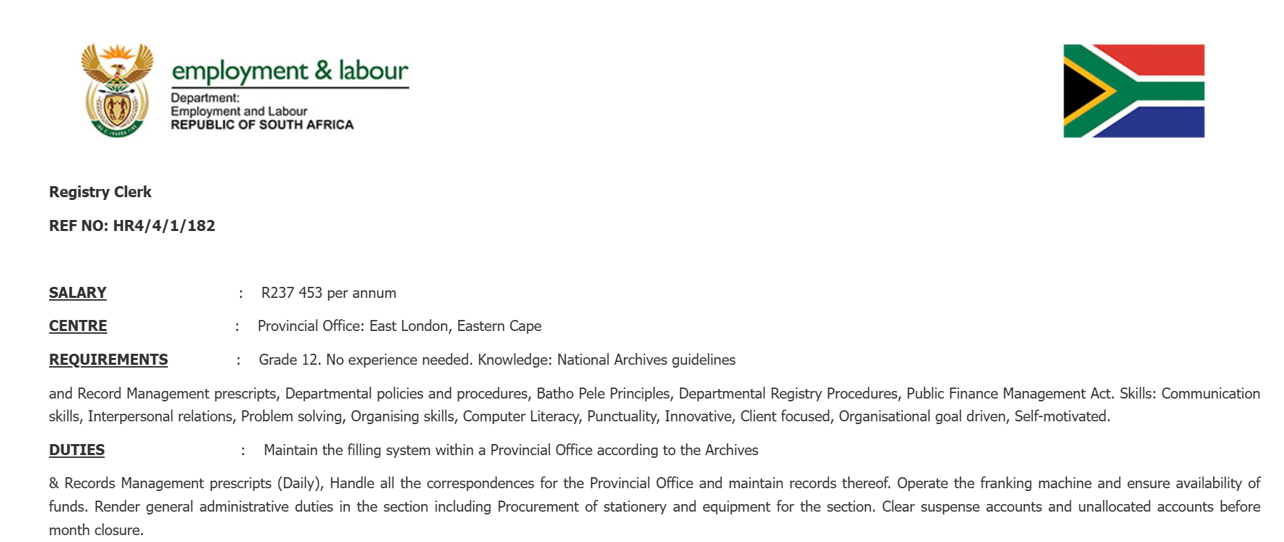 The South African Department of Employment & Labour is Hiring a Registry Clerk Earning R237 453 per annum