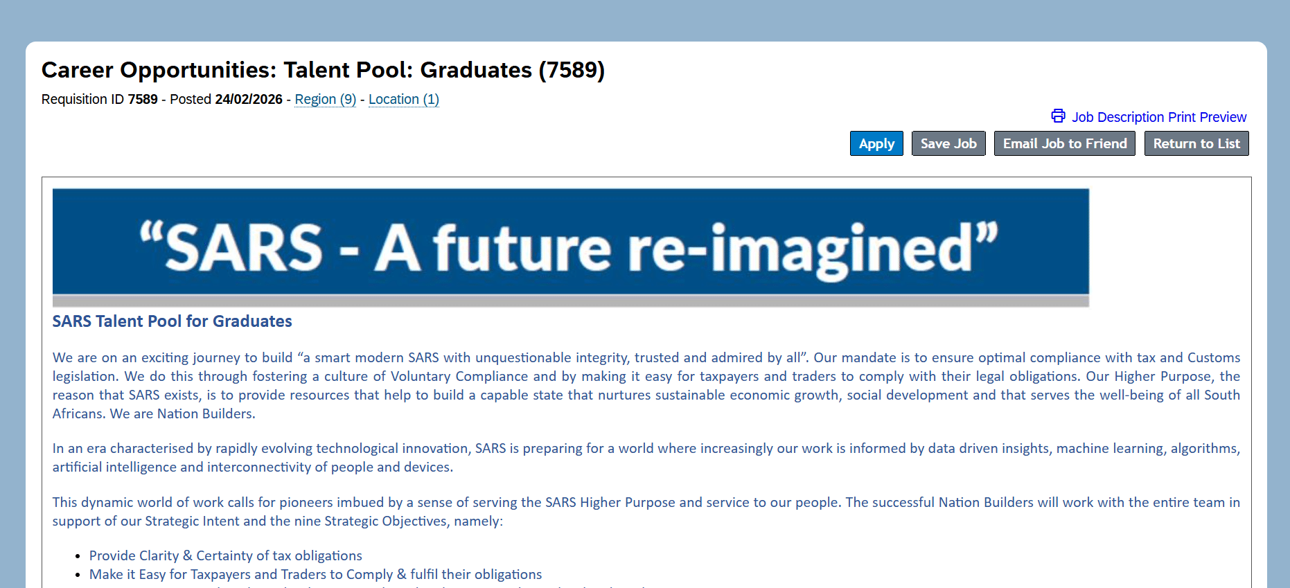 The South African Revenue Service (SARS) Graduates Talent Pool Career Opportunities - No Experience Graduate Trainee Programme