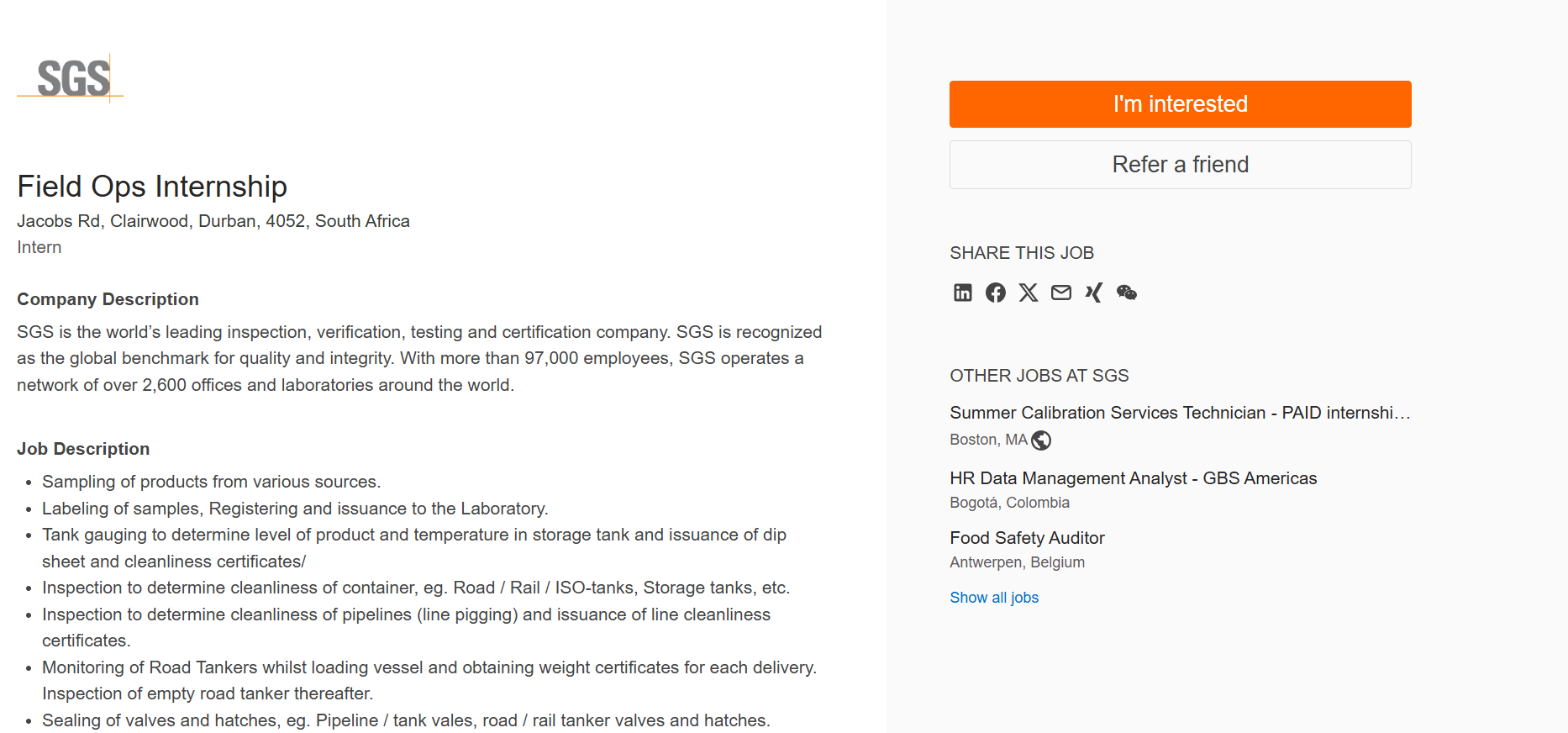 SGS South Africa Field Ops Internship Opportunity For Unemployed South Africans