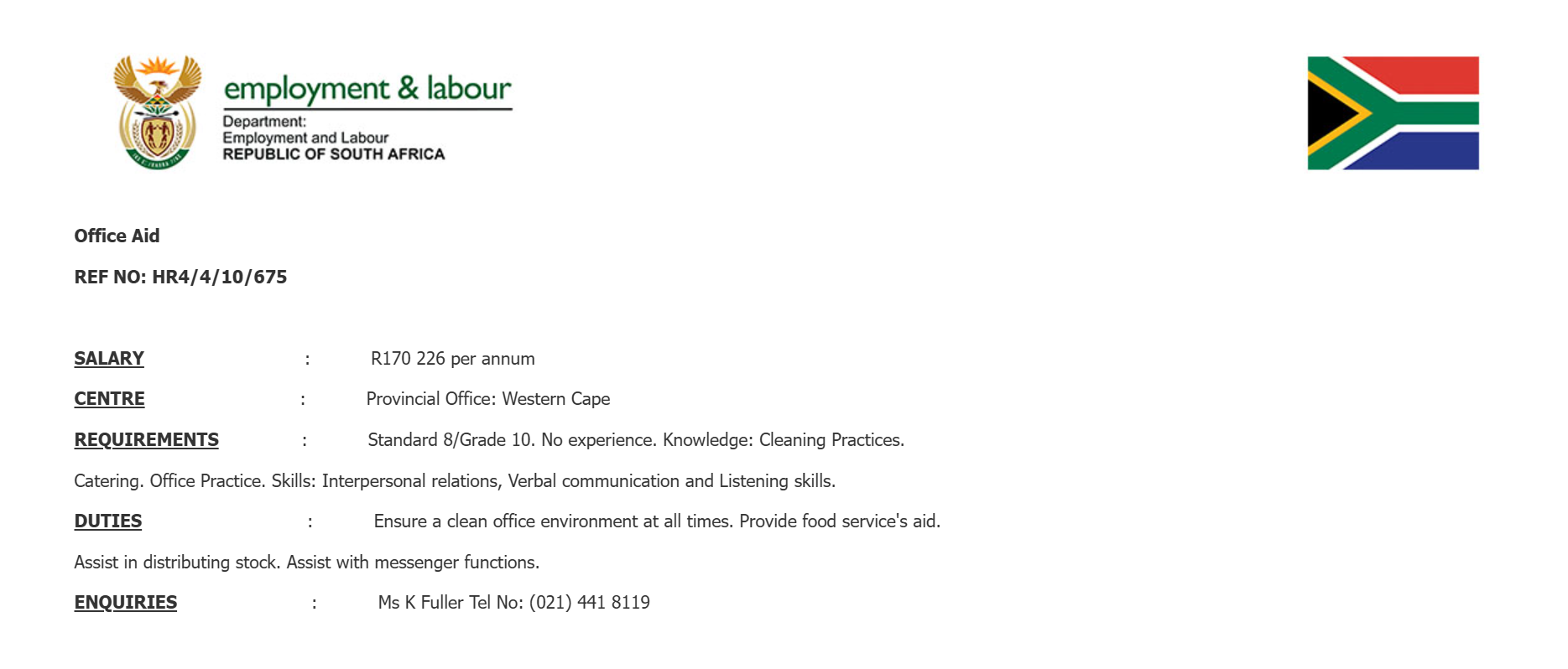 Matric Job! Department of Employment & Labour is Hiring for an Office Aid - Grade 10 and No Experience Required