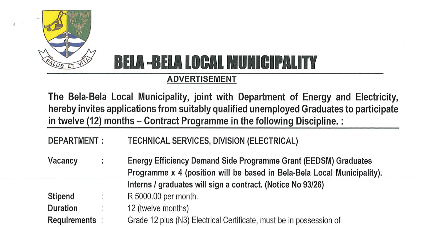 Bela-Bela Local Municipality 12 Months Internship for Unemployed Graduates - Four(4) Positions R5000 Per Month