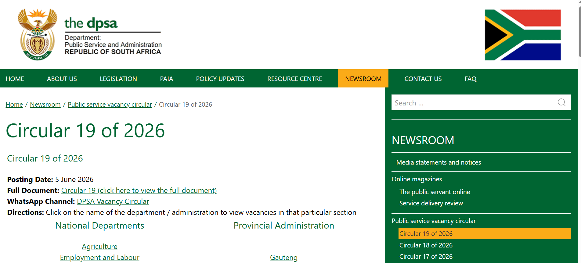 Department of Public Service and Administration (DPSA) Circular 19 of 2026 New Jobs List