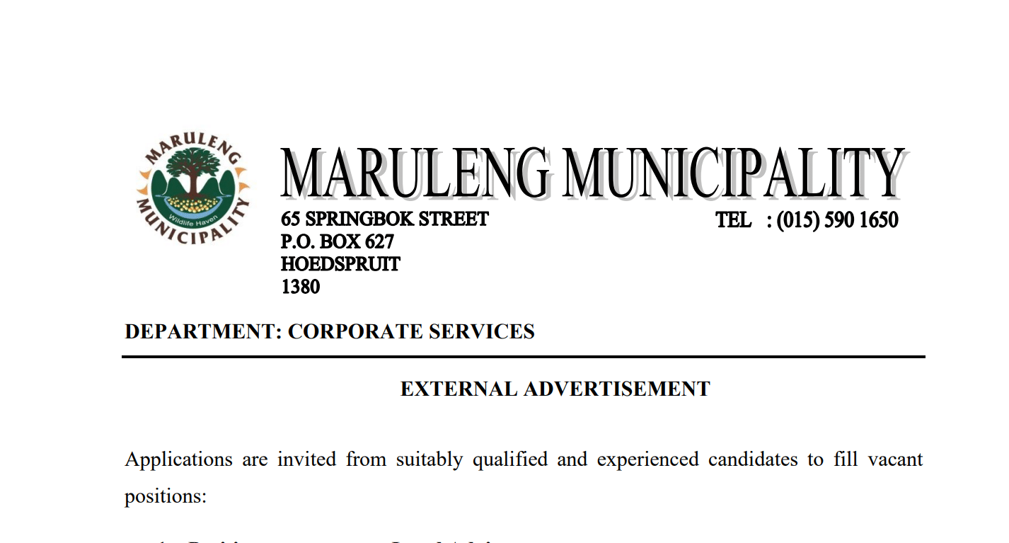 Maruleng Municipality is Hiring for Multiple Entry Level Positions: x21 General Assistants, x5 Internships, Cashier, Data Capturer and Plumber