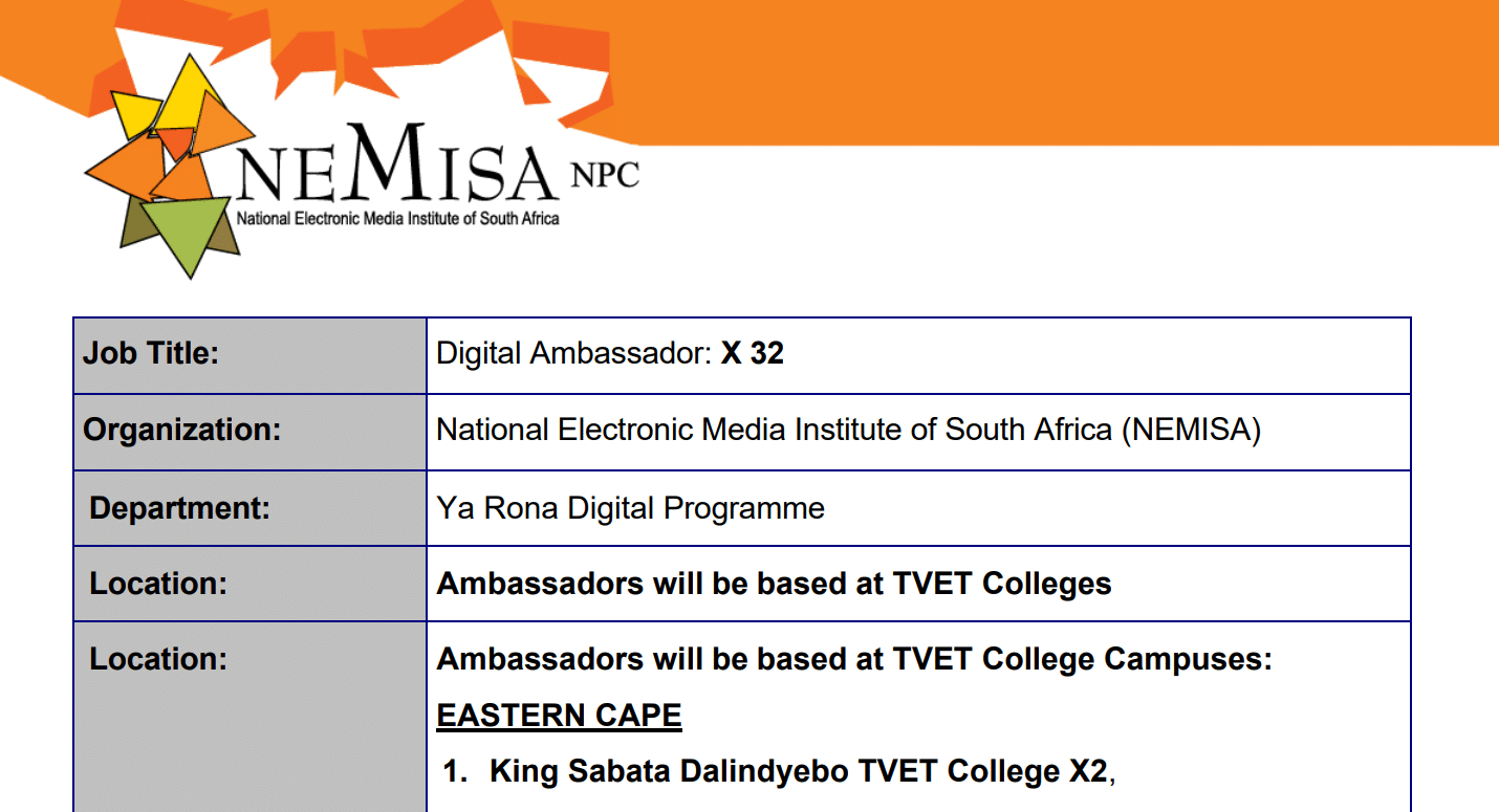 x32 NEMISA Digital Ambassadors at TVET Colleges Earning R4 500 Per Month