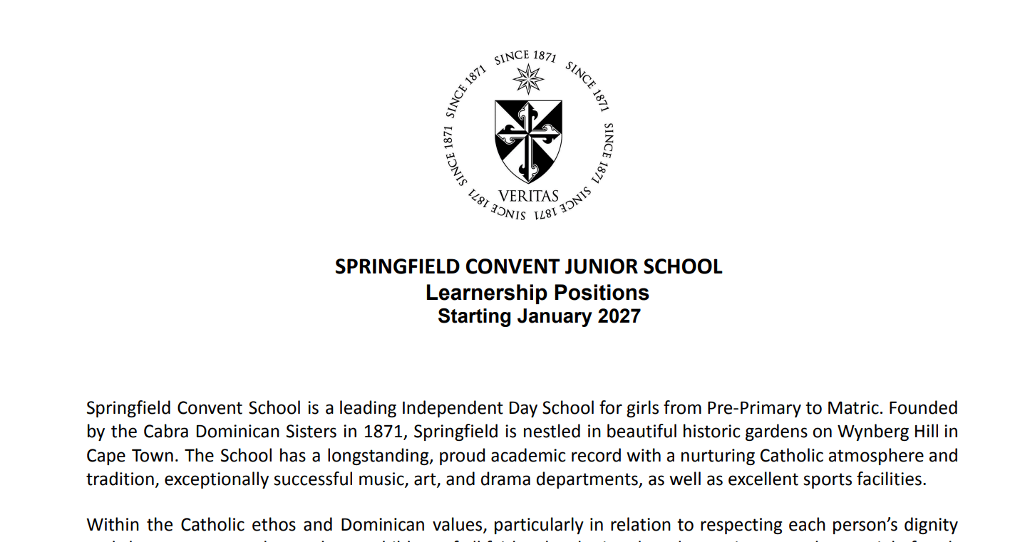 Springfield Convent School Learnership Positions for Foundation, Intermediate and Senior Primary Section