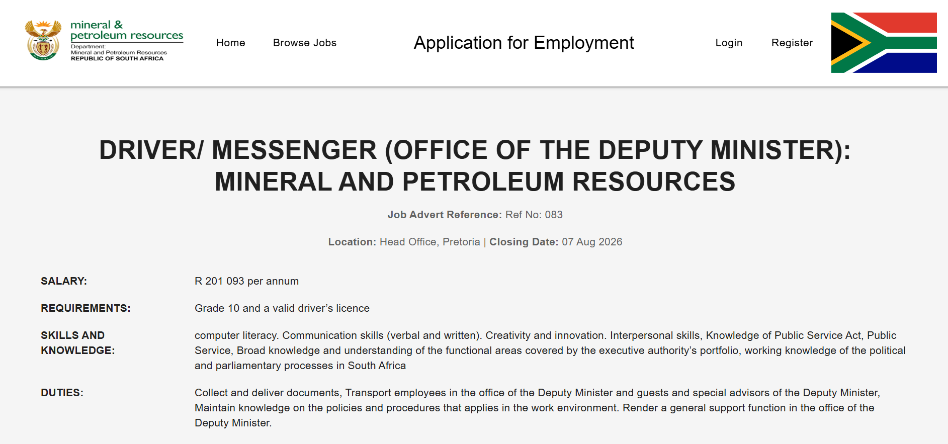 Department of Mineral and Petroleum Resources (DMPR) is Hiring for a Driver - R201 093 Per Annum