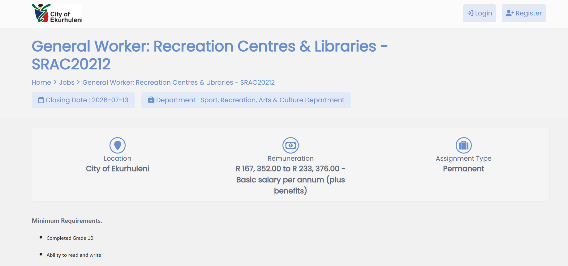 City of Ekurhuleni is Recruiting a General Worker: Recreation Centres & Libraries - R 167 352 to R 233 376 Per Annum Plus Benefits