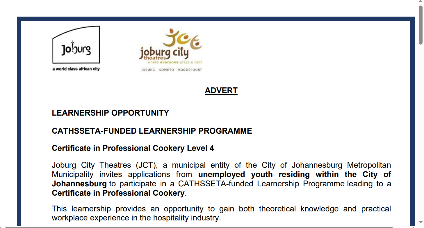 Joburg City Theatres (JCT) CATHSSETA Funded Learnership Programme - Certificate in Professional Cookery
