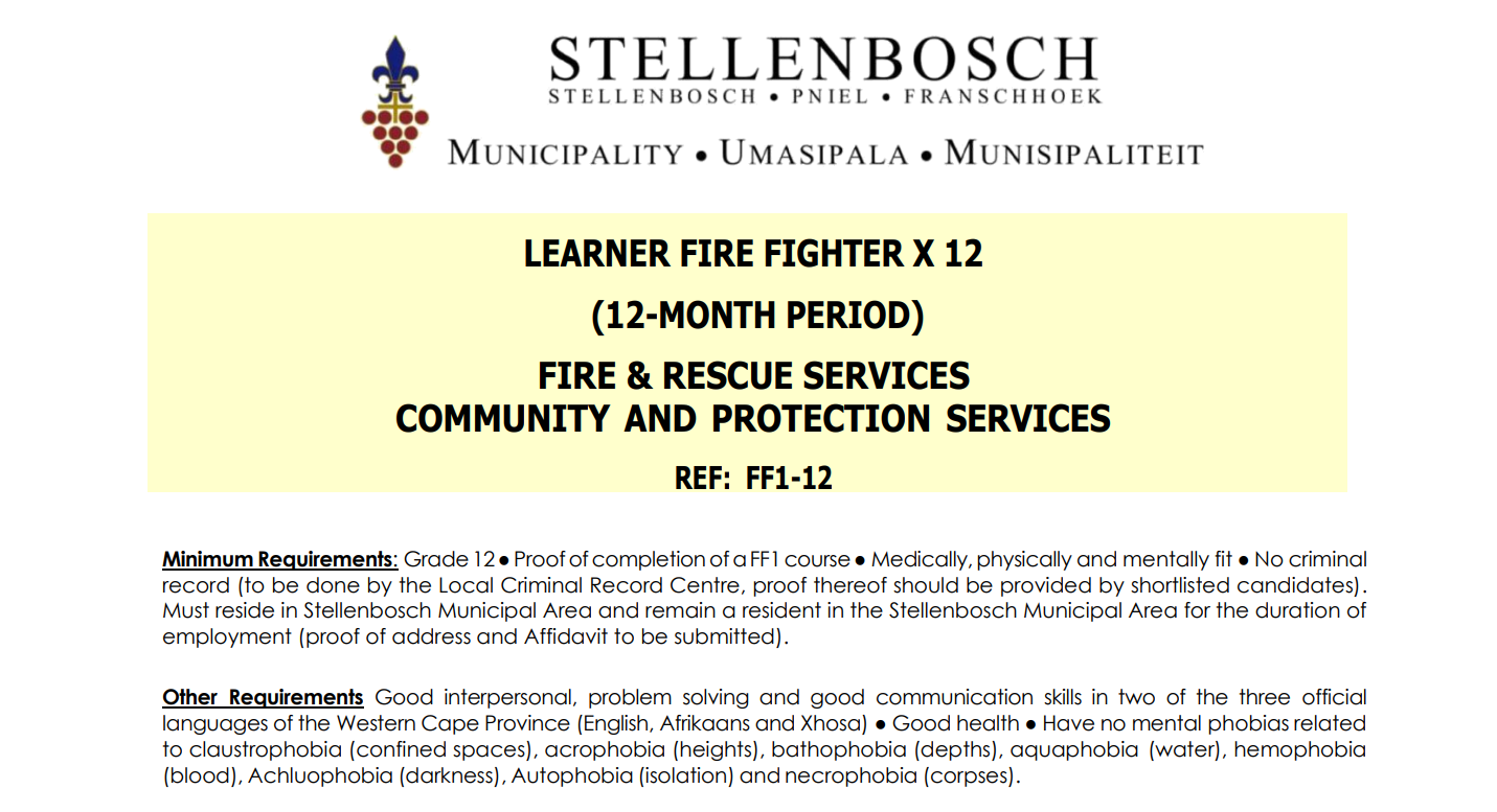 Stellenbosch Municipality is Hiring for x12 Learner Fire Fighter Opportunities R174 899 – R227 049 Per Year