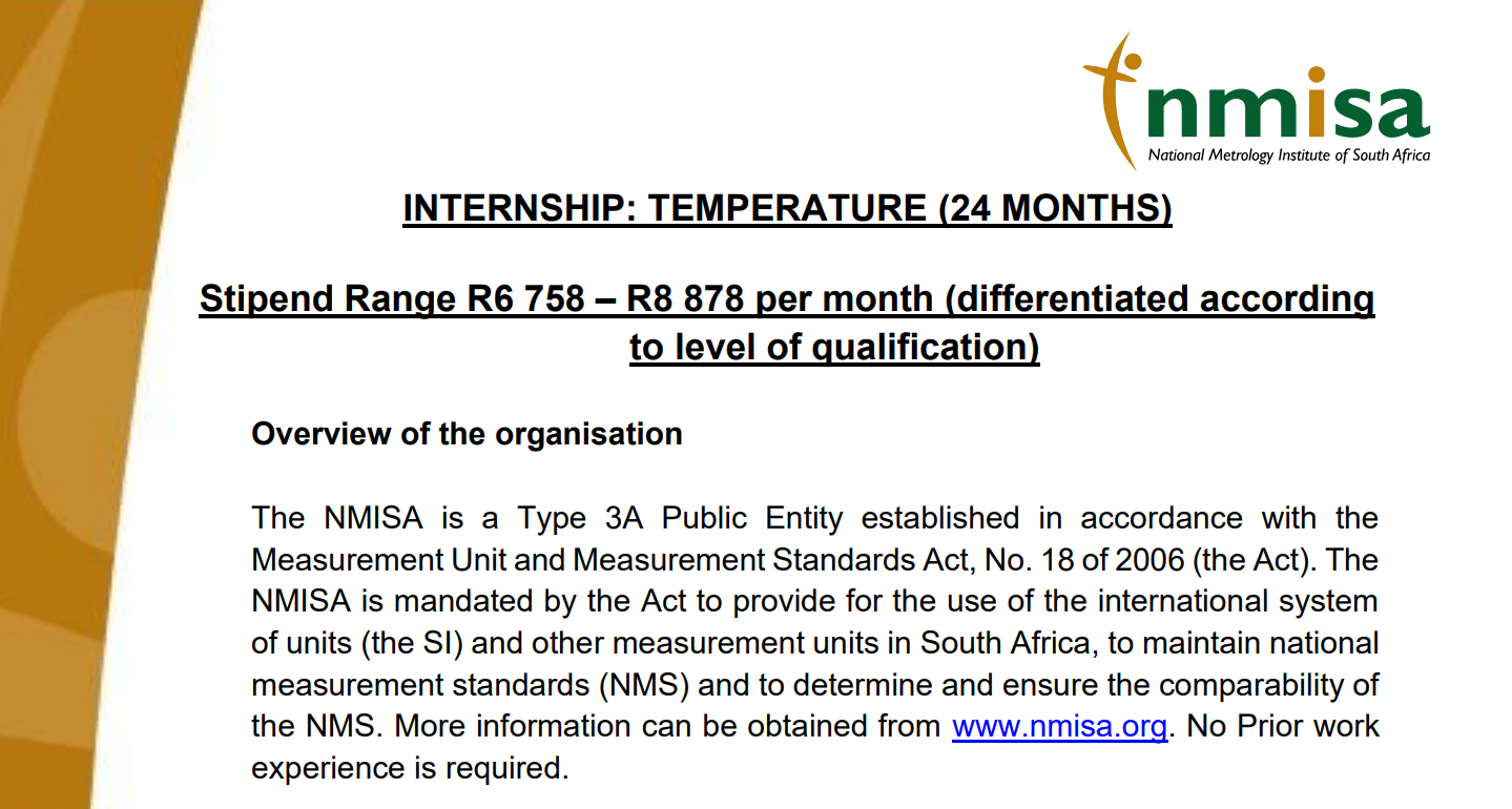 NMISA Temperature Internship Programme - Stipend Range R6 758 – R8 878 per month