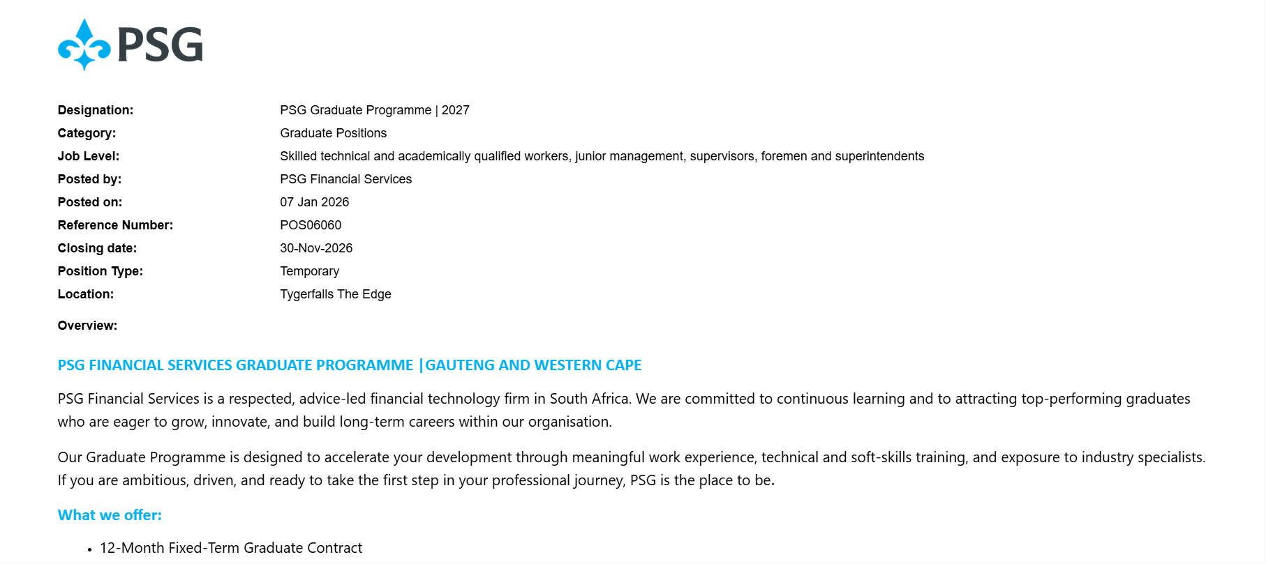 PSG Financial Services South Africa Graduate Programme - Work Experience Training