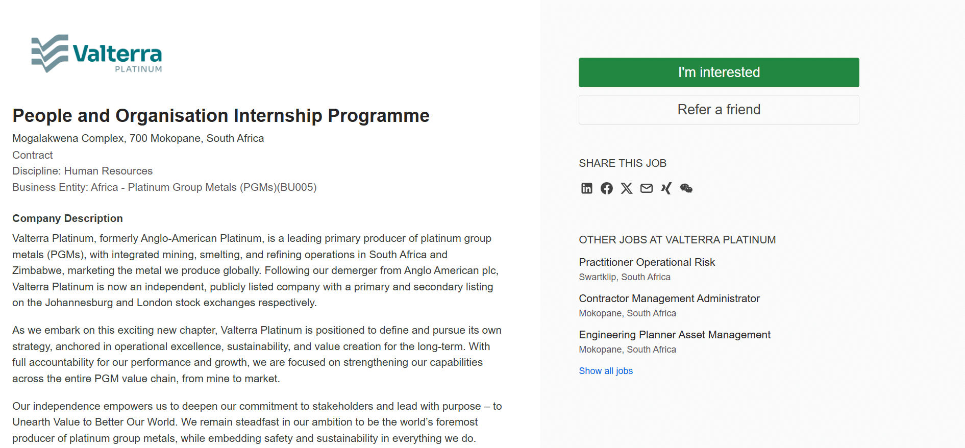 Valterra Platinum People and Organisation Internship Programme