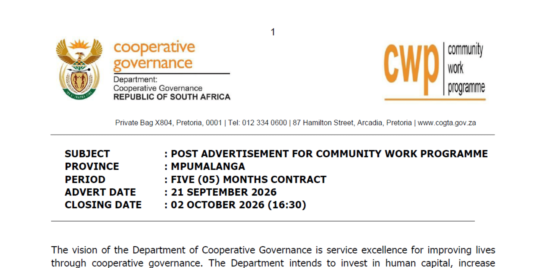 R6,552 - R38,220 Per Month COGTA Government Department Community Work Programme (CWP) Jobs