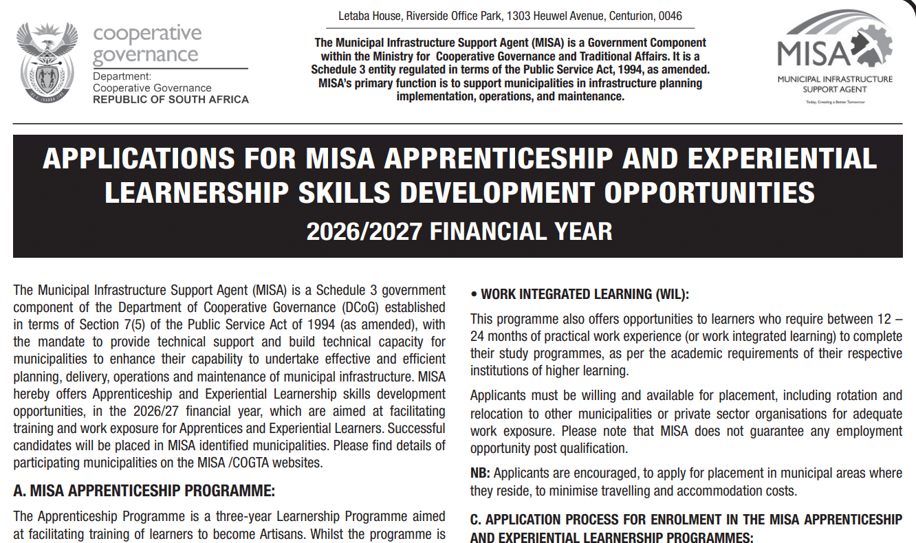 MISA Apprenticeship and Experiential Learnership Skills Development Programme 2026/2027