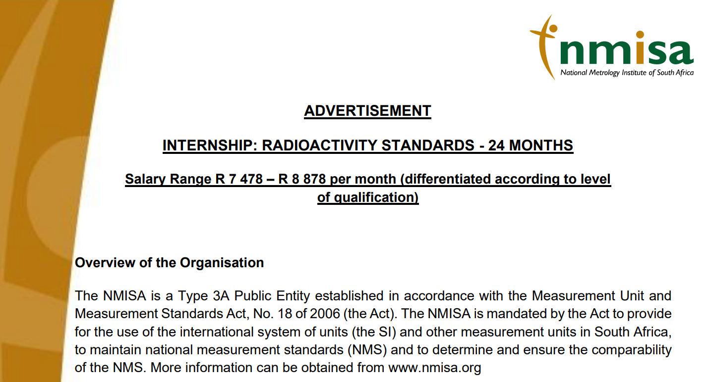 NMISA Radioactivity Standards Internship: R7 478 – R8 878 per Month for 24 Months