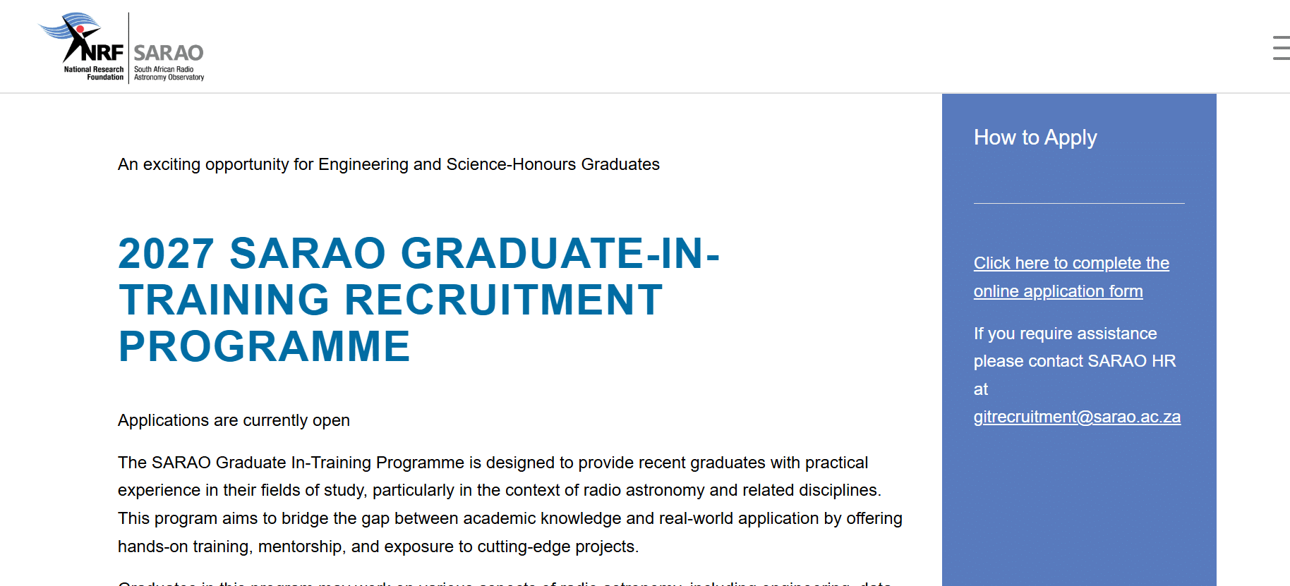 The 2027 SARAO Graduate In-Training Recruitment Programme for Recent Graduates