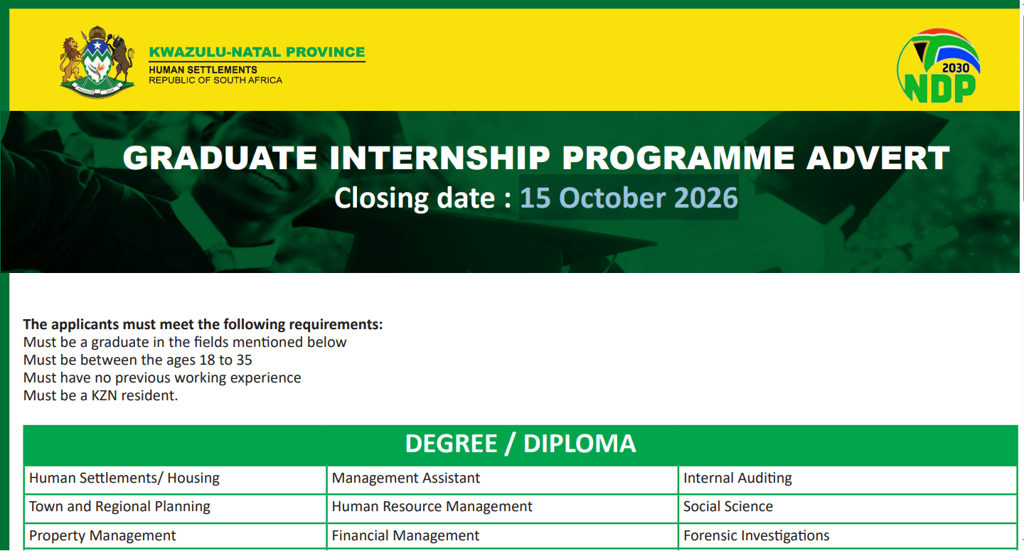 KZN Department of Human Settlements Internships 2027: Graduate Opportunities for KwaZulu-Natal Youth